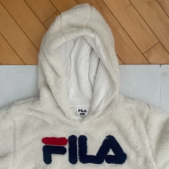 FILA Long sleeved Cream & Navy Fleece Teddy Bear Hoodie Girls size 14/16 X-Large - Picture 7 of 13